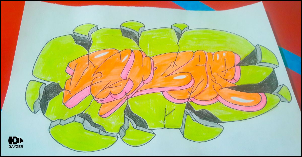 Example of vibrant graffiti art 3D sketches featuring bold colors and depth.