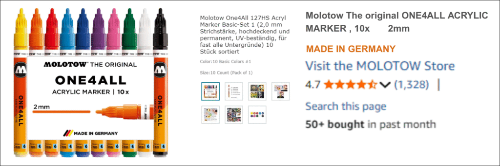 Molotow ONE4ALL acrylic marker set with 10 markers, 2mm tips, displayed on a white background.