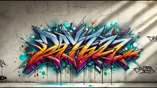 Street artist creating vibrant graffiti on a large urban wall, showcasing bold colors and dynamic designs.