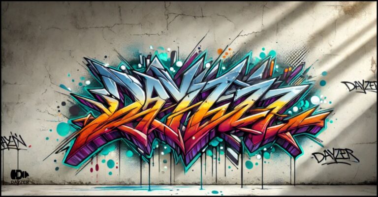 Street artist creating vibrant graffiti on a large urban wall, showcasing bold colors and dynamic designs.