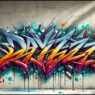 Street artist creating vibrant graffiti on a large urban wall, showcasing bold colors and dynamic designs.