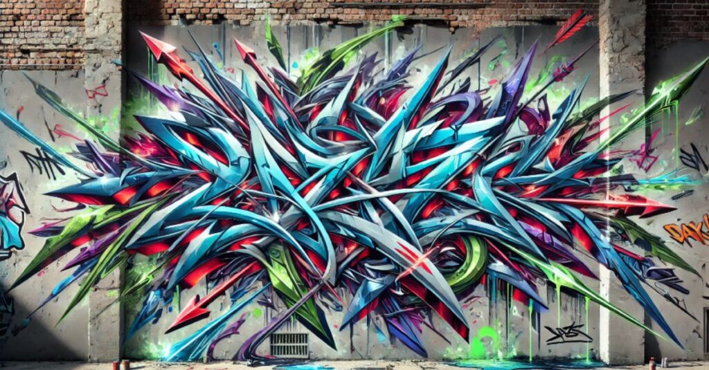 A vibrant Wildstyle graffiti piece featuring interwoven letters, arrows, and bold colors on an urban wall.