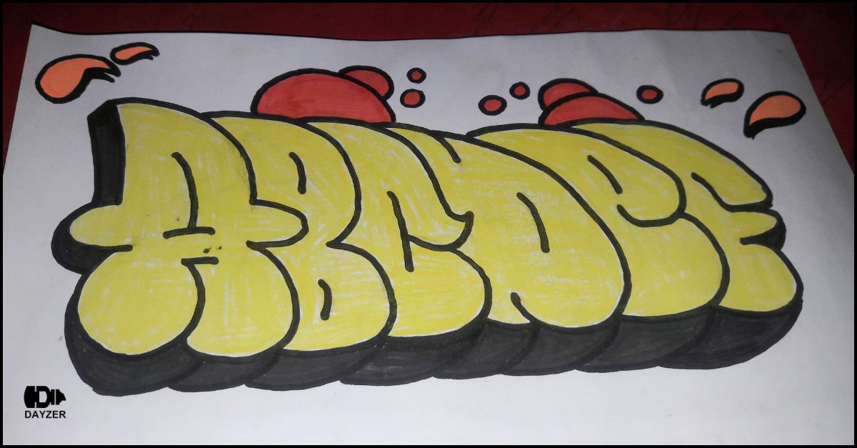 A beginner practicing how to draw graffiti letters with spray paint and markers on paper.