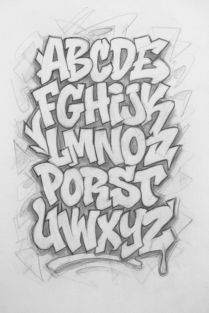 Pencil graffiti art drawing alphabet with creative letter styles and shading.