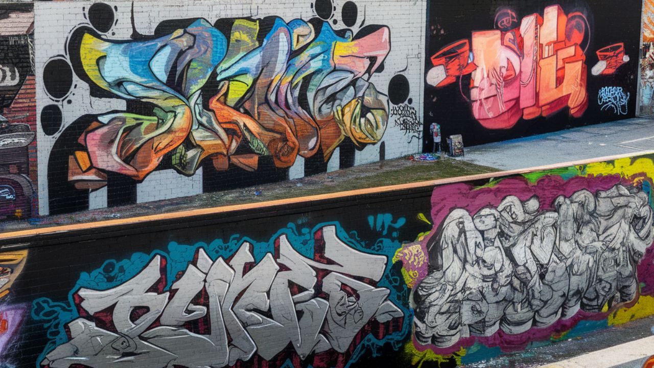"Street artists painting colorful murals at an international graffiti festival with a crowd watching"