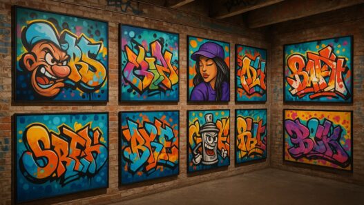 Colorful interior of a modern graffiti museum with vibrant murals, street art displays, and visitors exploring the exhibition.