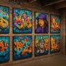Colorful interior of a modern graffiti museum with vibrant murals, street art displays, and visitors exploring the exhibition.