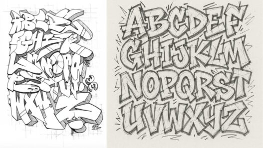 Colorful example graffiti alphabet font with bubble and wildstyle graffiti letters on a wall