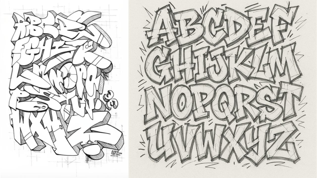 Colorful example graffiti alphabet font with bubble and wildstyle graffiti letters on a wall