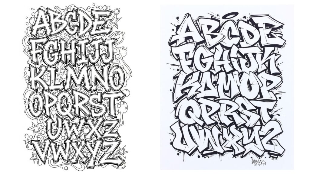 Example graffiti alphabet font with colorful bubble letters and bold street art style