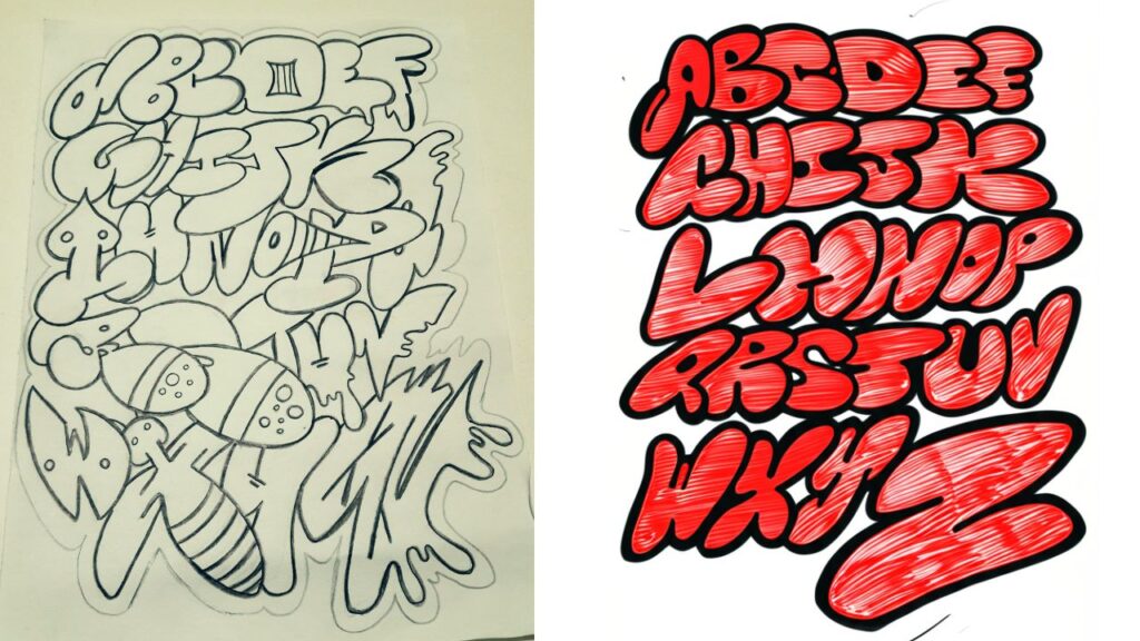 Example graffiti alphabet font with colorful bubble letters in street art style