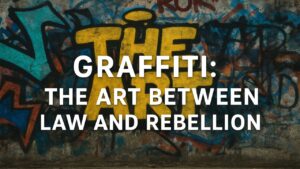 Graffiti artist painting a colorful wall symbolizing the conflict between art, law, and rebellion.