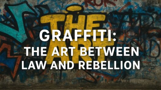Graffiti artist painting a colorful wall symbolizing the conflict between art, law, and rebellion.